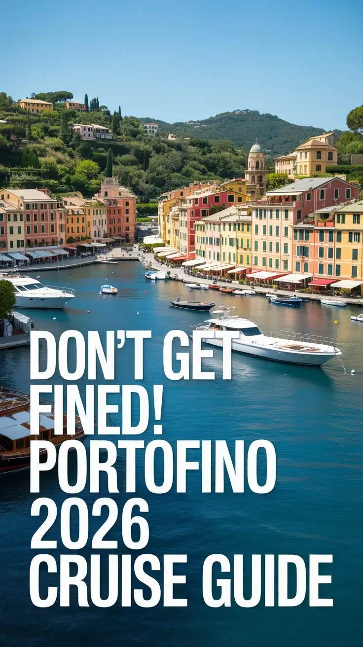 Portofino Italy harbor with colorful buildings superyachts and cruise ship anchored in bay with text overlay Don't Get Fined Portofino 2026 Cruise Guide