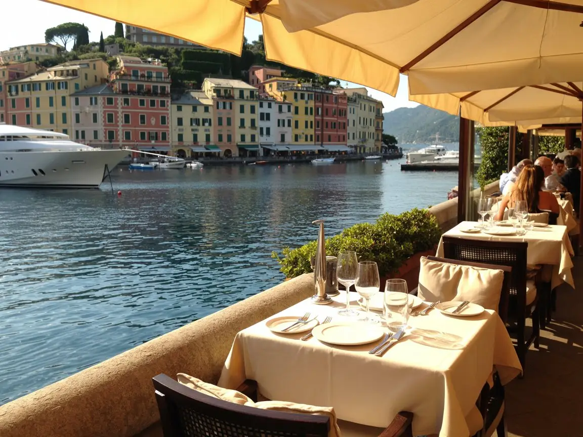 Elegant waterfront restaurant table setting in Portofino Italy harbor with superyachts anchored colorful buildings expensive Mediterranean dining Monaco prices