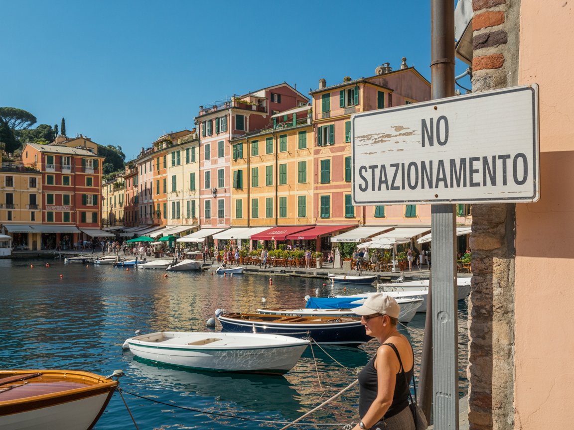 Portofino Piazzetta harbor waterfront with colorful Italian buildings cafes and tourists walking designated no-waiting selfie-zone fine area