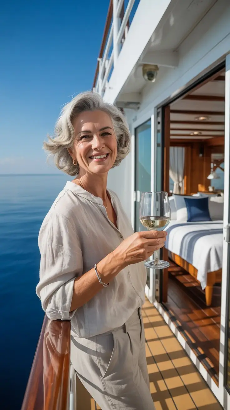 Solo woman in her 60s with a glass of wine on a cruise ship balcony cabin