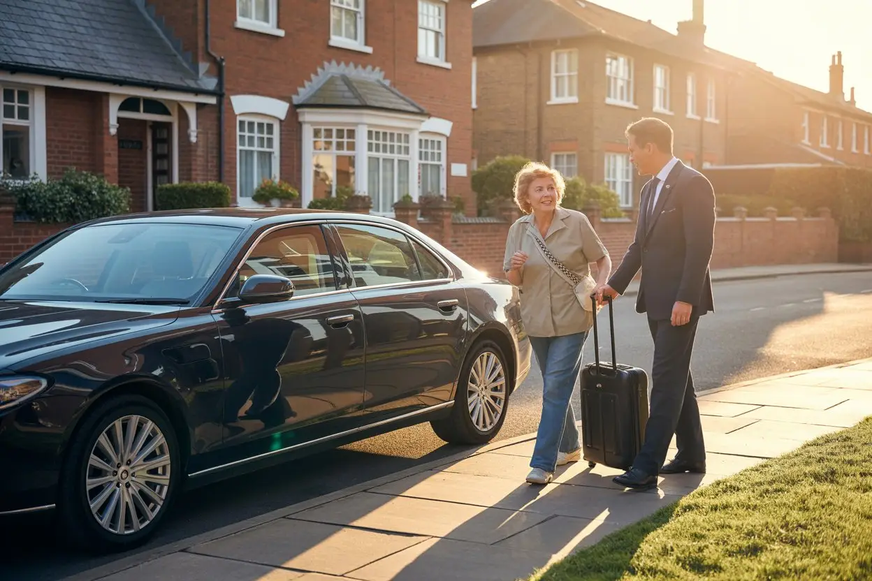 Suited chauffeur helping a woman in her 60s with her suitcase outside a British home