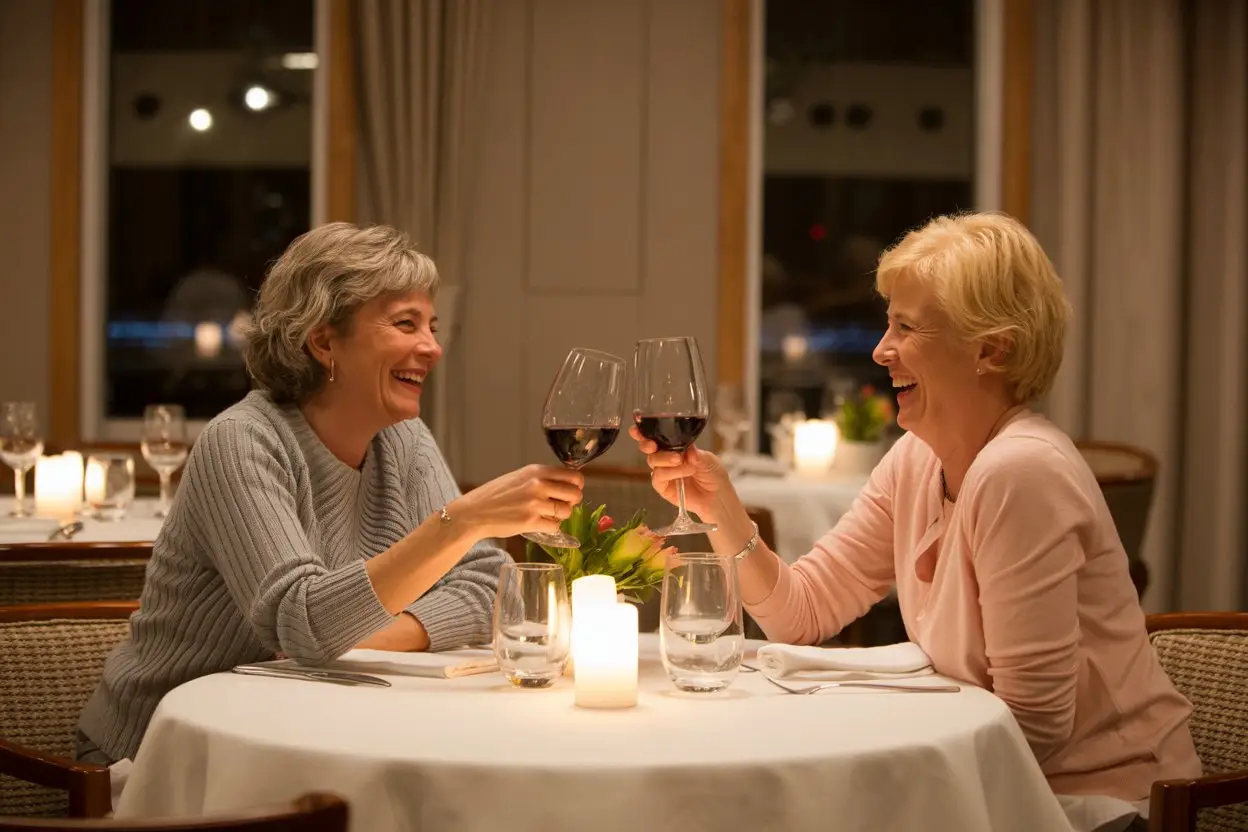 Two women in their 60s clinking wine glasses at dinner on a cruise ship