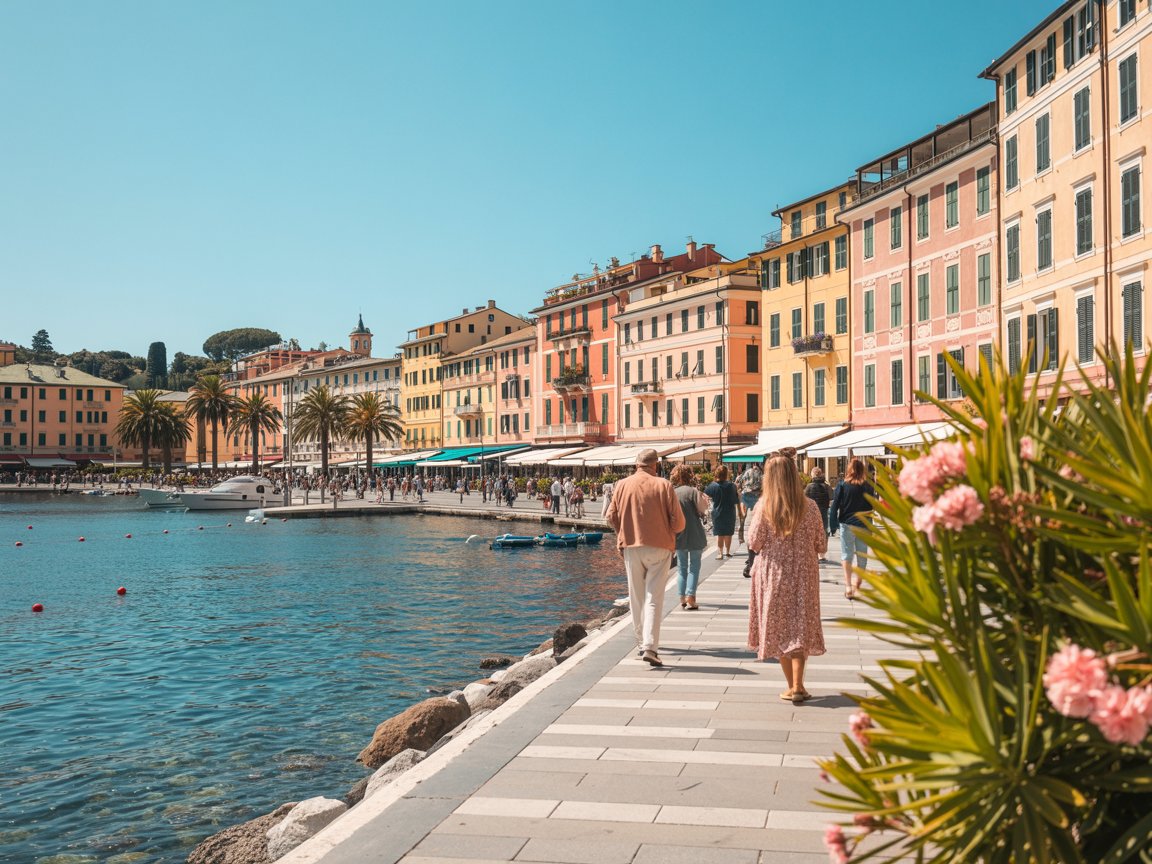 Santa Margherita Ligure Italy waterfront promenade with colorful Italian buildings palm trees cafes tourists walking coastal path ferry destination from Portofino