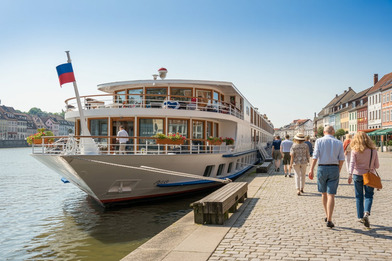 Small cruise ship docked alongside a European river town quayside