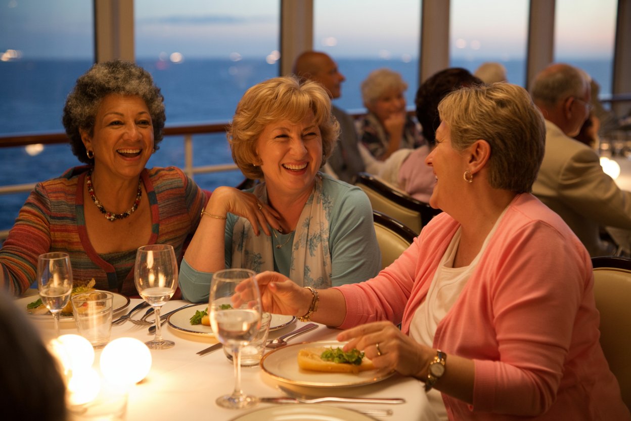 Three women in their 60s laughing together at dinner on a cruise ship
