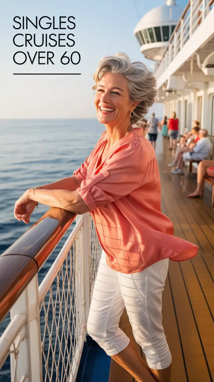Solo woman in her 60s smiling on a cruise ship deck