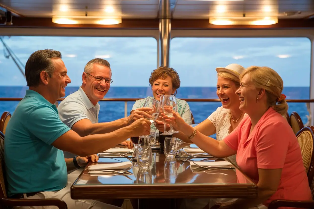 Solo cruise passengers enjoying communal dining together at a cruise ship restaurant table