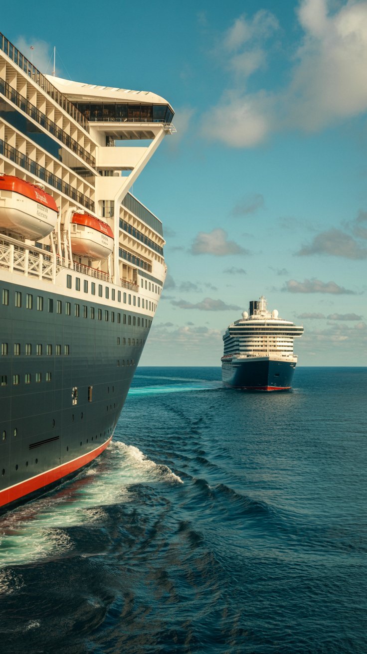 A photograph showcasing the sleek exterior of a Cunard ocean liner sailing past a Princess Cruises ship in a vast, sun-drenched ocean. The Cunard ship, "Queen Mary 2," is depicted in its classic black and red livery, cutting through the turquoise water with a trail of white foam. In the background, the Princess Cruises ship, "Royal Princess," appears smaller and more modern, with its distinctive multi-story balconies reflecting the bright sunlight. The clear blue sky is dotted with fluffy white clouds, creating a picturesque scene of maritime elegance and competition.