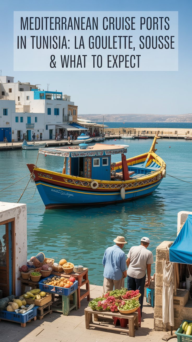 A photograph capturing the vibrant atmosphere of La Goulette, Tunisia, showcases a bustling harbor scene with a brightly colored traditional Tunisian fishing boat adorned with intricate patterns. The boat gently bobs in the turquoise water, set against a backdrop of sun-drenched whitewashed buildings. In the foreground, local vendors sell fresh produce and handicrafts, while the coastline stretches out under a clear, sunny sky, conveying the essence of a Mediterranean cruise port.