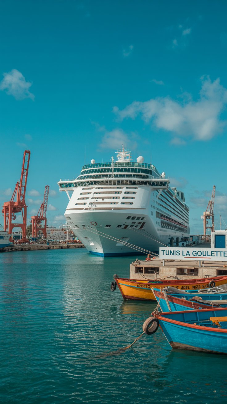 A photograph of the bustling Tunis La Goulette Cruise Ship Port under bright, clear sunlight. A large, modern cruise ship is prominently displayed, with its white hull standing out against the turquoise Mediterranean waters. The port is lively, featuring colorful fishing boats and various port cranes under a clear blue sky with a few fluffy white clouds. The scene exudes a sense of activity and a warm welcome for arriving passengers, with "Tunis La Goulette" visible on a nearby information kiosk.