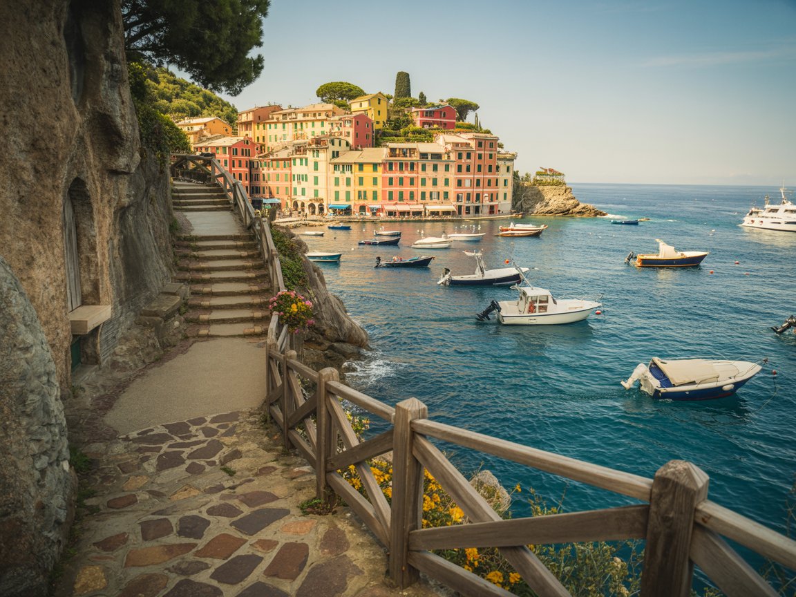 Passeggiata dei Baci Walk of Kisses coastal footpath between Santa Margherita Ligure and Portofino Italy with Mediterranean sea views colorful buildings paved pedestrian trail free activity