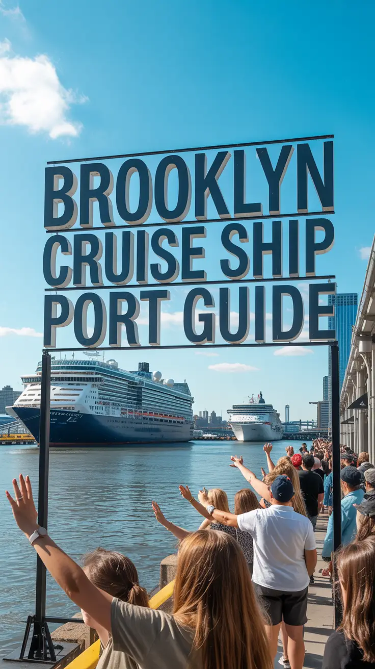 A photograph depicting the Brooklyn Cruise Ship Port with a bustling waterfront scene under a bright, sunny sky. The foreground showcases a prominent sign reading "Brooklyn Cruise Ship Port Guide" in bold, navy blue lettering. In the background, several large cruise ships are docked, with passengers disembarking and waving excitedly. The clear blue sky contrasts with the vibrant cityscape, creating a dynamic and inviting atmosphere.
