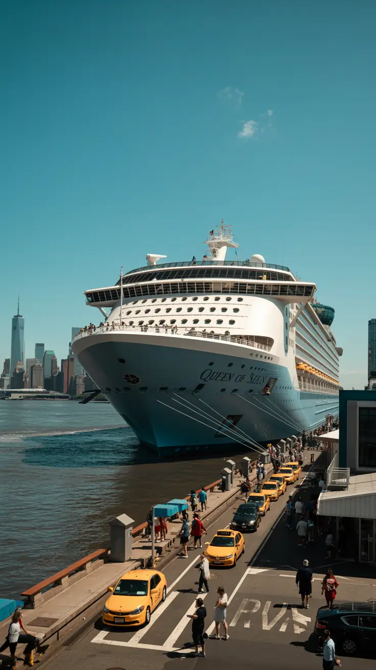 A photograph of the Manhattan Cruise Ship Port, bustling with activity under a clear, sunny sky. A large cruise ship, the "Queen of the Seas", dominates the foreground, its white hull gleaming against the deep blue water. Passengers can be seen waving from the deck, while yellow taxis and pedestrians fill the pier in the background. The scene is bathed in bright, natural light, highlighting the iconic skyline of Manhattan in the distance.
