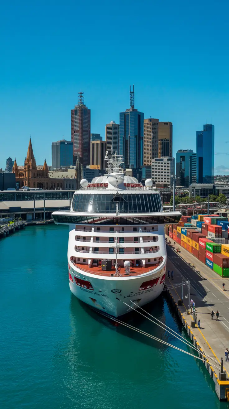 A photograph of a modern cruise ship docked at a bustling port in Melbourne, Victoria, featuring a sleek, brightly colored vessel named "Melbourne Cruise Ship Port Guide." The ship's white hull stands out against the vibrant blue of Port Phillip Bay. In the background, a panoramic view of the city skyline showcases iconic landmarks like Federation Square and Flinders Street Station under a clear, sunny sky. The scene is lively, with people walking along the pier and colorful shipping containers stacked neatly along the waterfront.