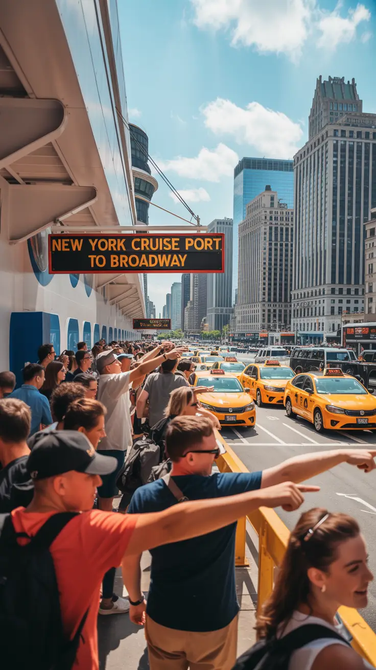 A photograph capturing a bustling New York Cruise Port terminal on a bright sunny day. The foreground features a vibrant crowd of tourists excitedly disembarking from a large cruise ship with “New York Cruise Port to Broadway” displayed prominently on a signage. Several excited people are pointing toward the direction of Broadway, as taxis are lined up to take them to their shows. The backdrop showcases the iconic cityscape of Manhattan bathed in sunlight, highlighting the energy and anticipation of a theatrical adventure.