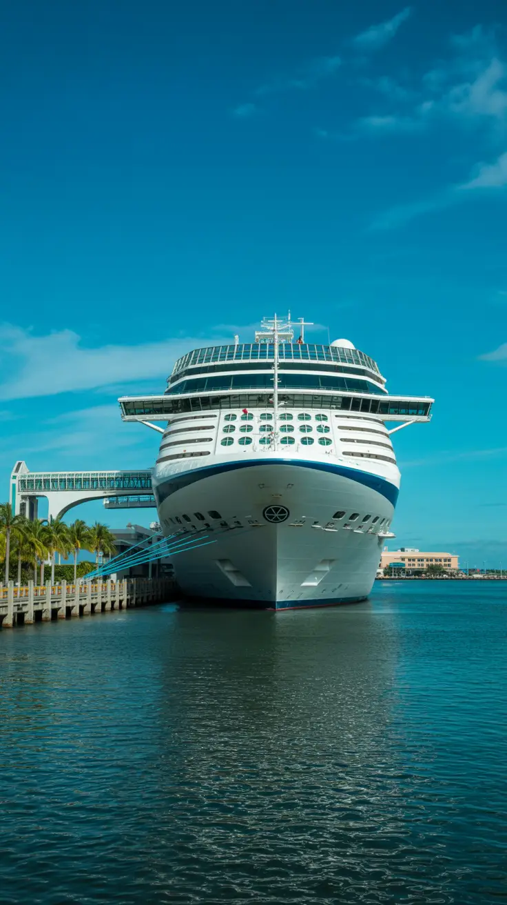 A photograph of a modern cruise ship docked at the Port of Palm Beach, bathed in bright sunlight. The large white vessel stands prominently against a backdrop of blue sky and calm water, with several passenger boarding bridges extending to the port terminal. Palm trees line the waterfront, adding a tropical flair to the scene, while a clear blue sky provides a vibrant contrast. The port terminal building is visible in the distance, showcasing the bustling activity of a cruise ship port.