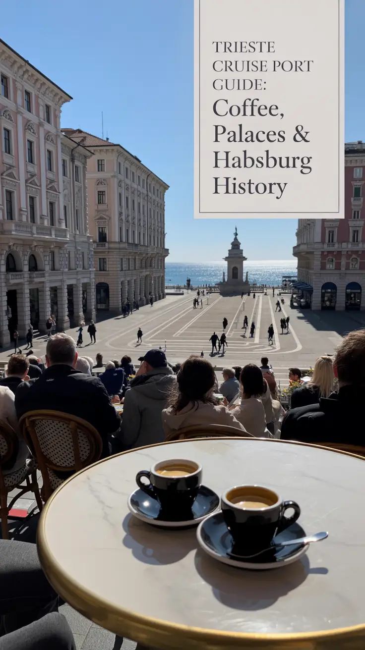 A photograph of the elegant Piazza UnitĂ d'Italia in Trieste, Italy, prominently featuring a cafe table with two cups of espresso. The piazza is bustling with people enjoying the bright sunshine and admiring the grand Habsburg-era architecture of the palaces that surround the square, with the Adriatic Sea shimmering in the background. A discreet overlay reads "Trieste Cruise Port Guide: Coffee, Palaces & Habsburg History" in a classic serif font, placed in the upper right corner. The scene is bathed in the clear, warm light of a sunny day, highlighting the vibrant colors and intricate details of the historic location.
