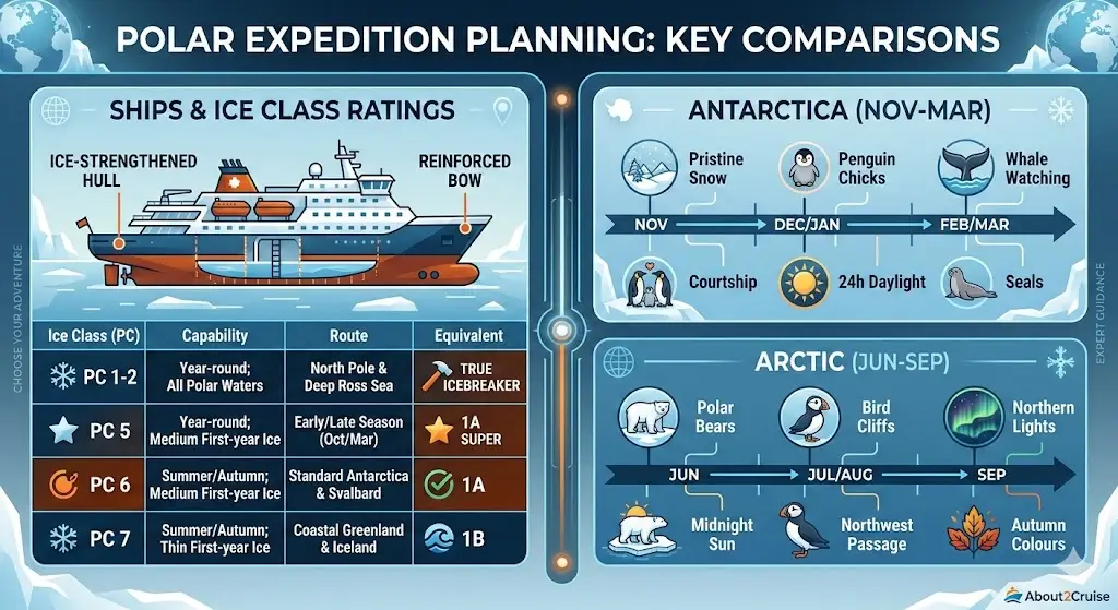 Infographic comparing polar expedition ship ice class ratings with Antarctica and Arctic wildlife seasons, featuring penguins, whales, and polar bears.