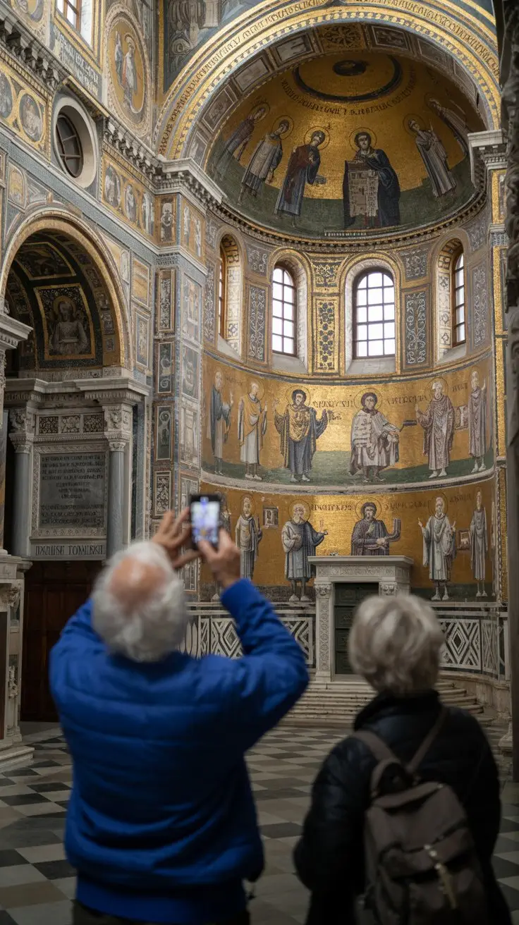 two elderly cruise passengers in Basilica di San Vitale with its dazzling mosaic interior
