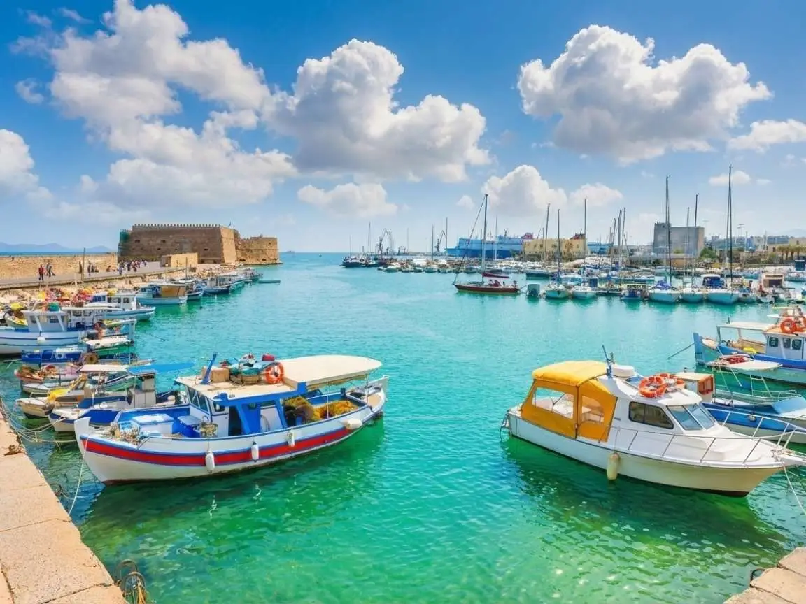 Heraklion cruise port with the Venetian Koules Fortress at the harbour entrance, Crete, Greece