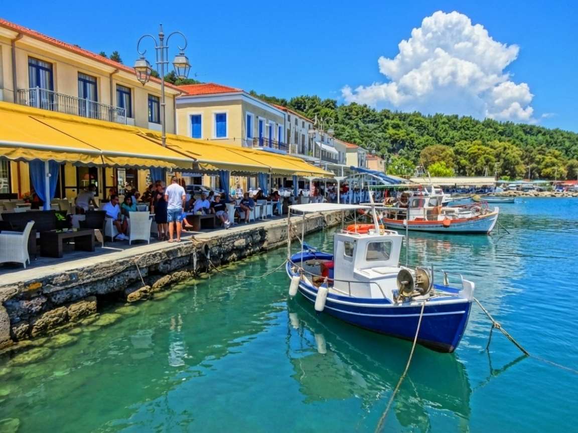 Katakolon waterfront with restaurants and little boats