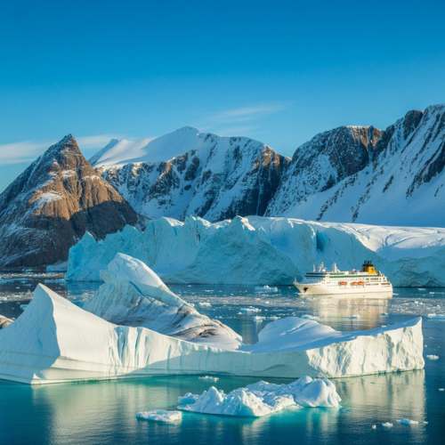 Expedition cruise ship navigating between dramatic icebergs and snow-covered mountains in Antarctica