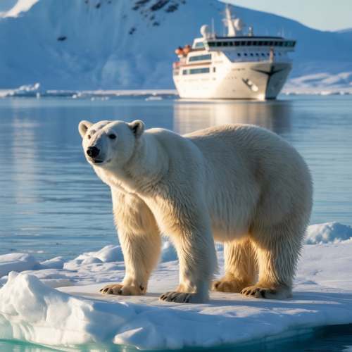 Polar bear standing on Arctic ice with an expedition cruise ship in the background