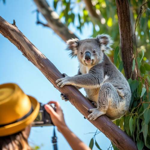 Tourist photographing a koala in a eucalyptus tree in Australia