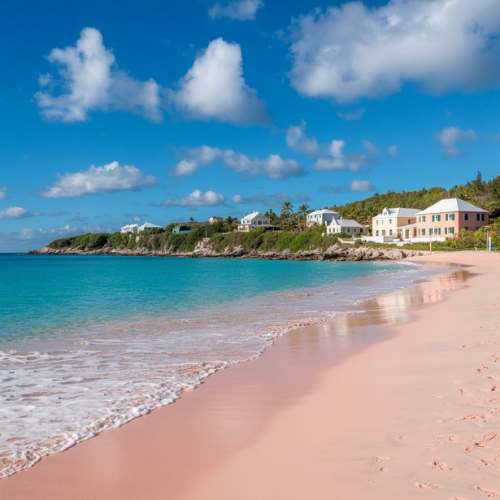 Bermuda's iconic pink sand beach with pastel colonial houses in the background
