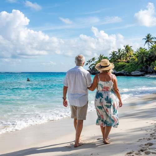 Couple walking along a white sand Caribbean beach near a cruise port