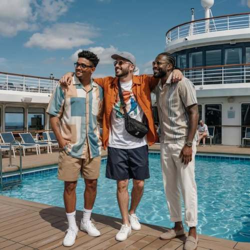 Three men in stylish casual cruise outfits on a ship's pool deck