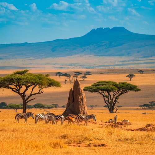 Zebras on the Kenyan savanna with acacia trees and mountains in the background