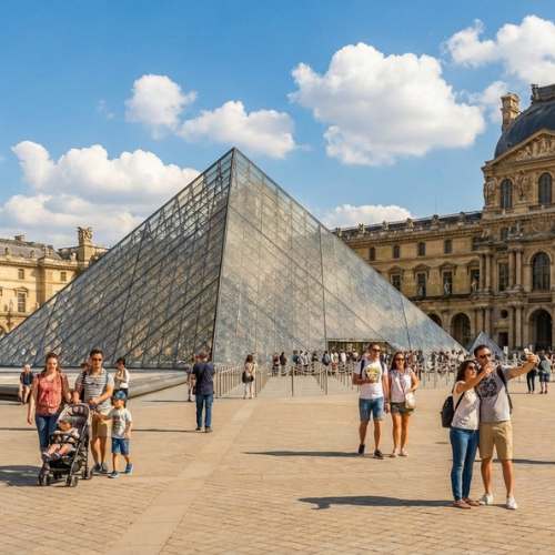 Tourists at the Louvre pyramid in Paris, accessible from Le Havre cruise port