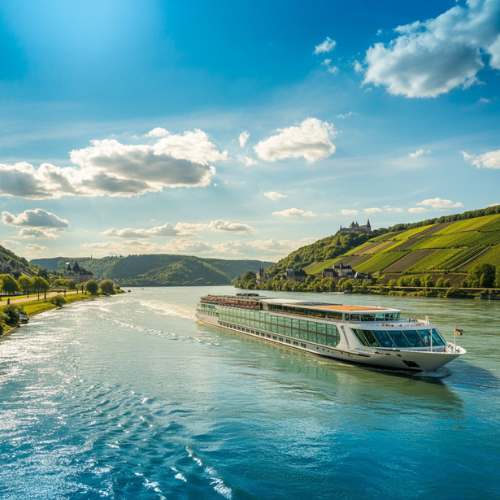River cruise ship sailing the Rhine through vineyards and castles, Germany