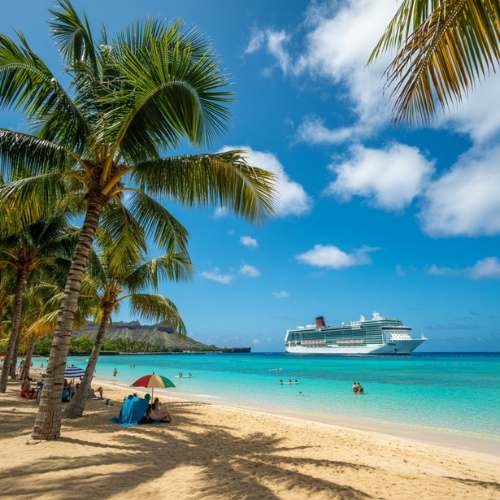 Hawaii beach with palm trees and a cruise ship anchored in turquoise water