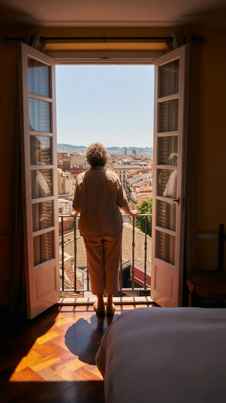 Woman standing at open hotel balcony doors overlooking Mediterranean rooftops before a cruise