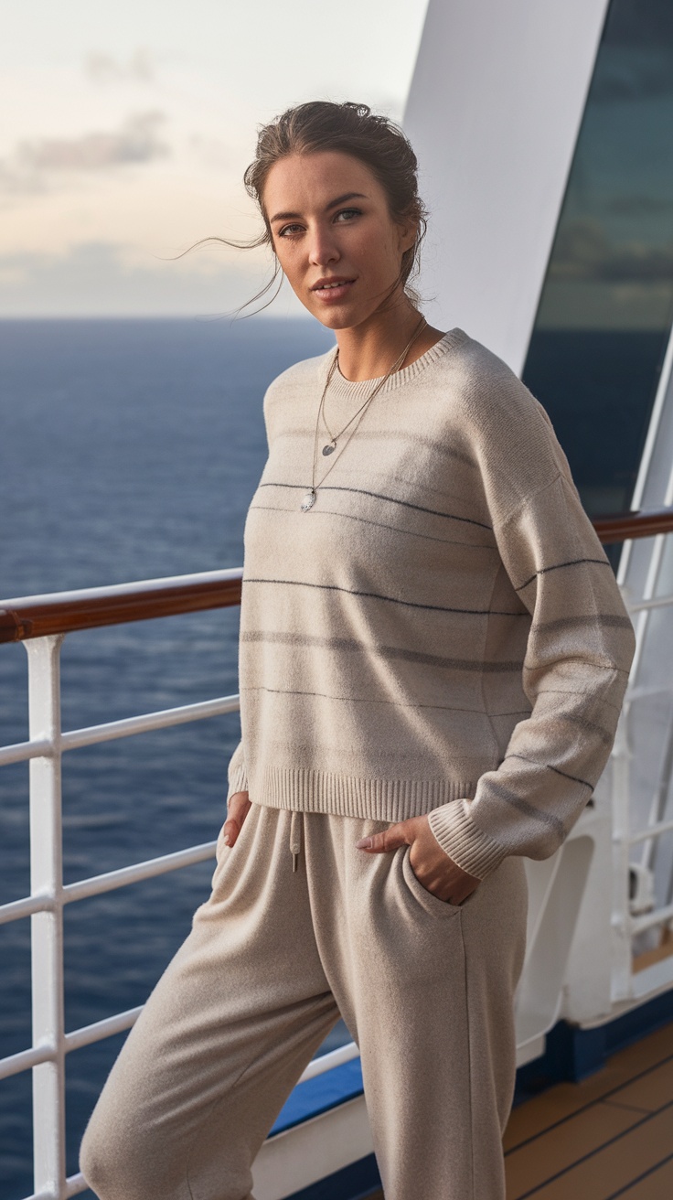 Sweater and joggers cruise outfit Woman wearing a lightweight sweater with joggers on a cruise ship deck