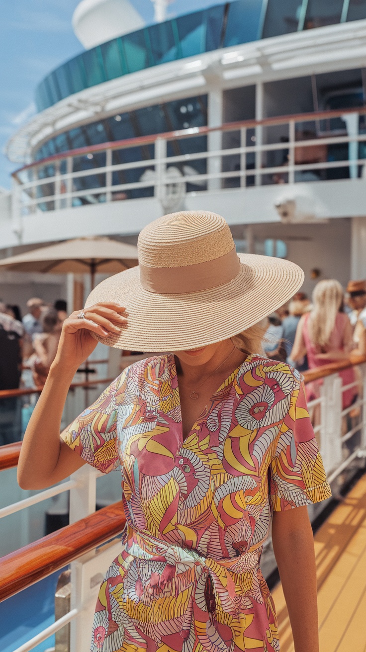 Printed dress with sun hat cruise outfit Woman wearing a colourful printed dress and a wide-brimmed sun hat on a cruise