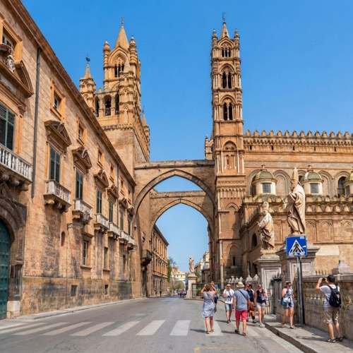 Palermo Cathedral and historic street in Sicily, Italy