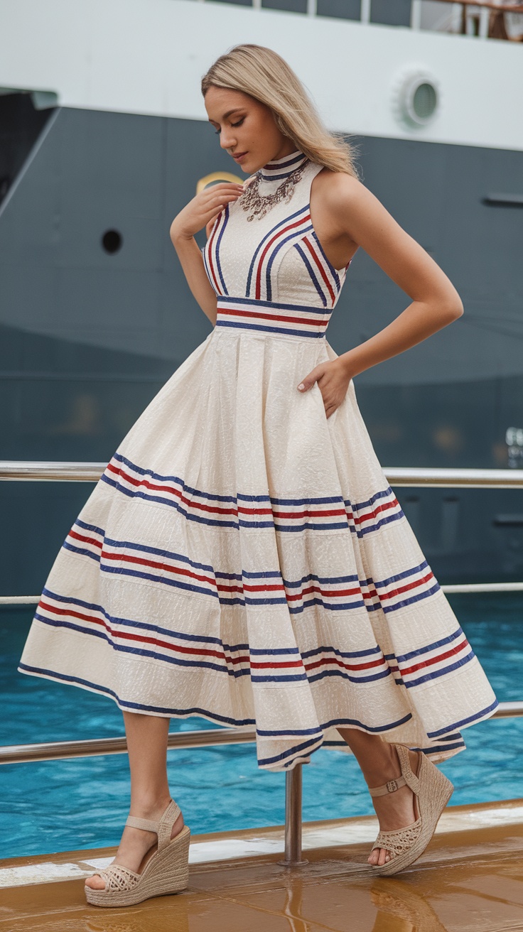 Sundress and wedge sandals cruise outfit Woman wearing a striped sundress with wedge sandals, posing on a cruise ship
