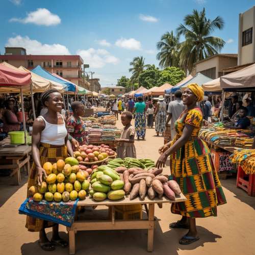 Vibrant market in Ghana, West Africa with colourful fabrics and fresh produce