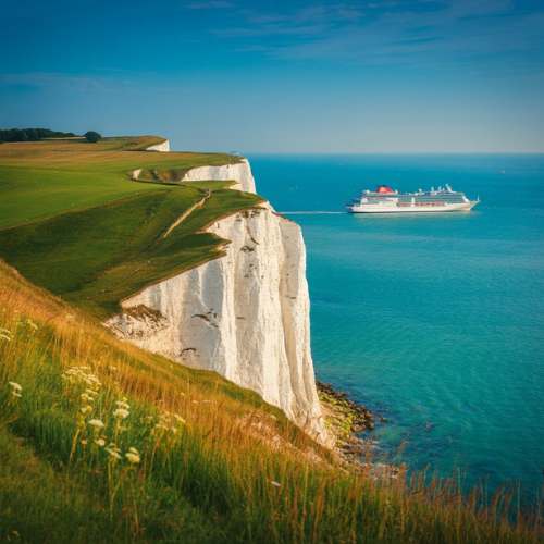 White Cliffs of Dover with a cruise ship sailing past on a clear summer day