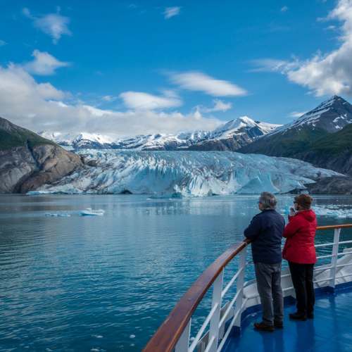 Couple watching an Alaskan glacier from a cruise ship deck