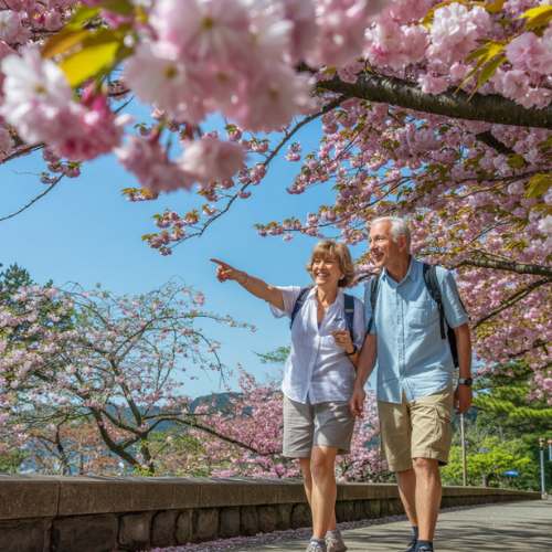 Couple walking under cherry blossom trees at a Japanese cruise port