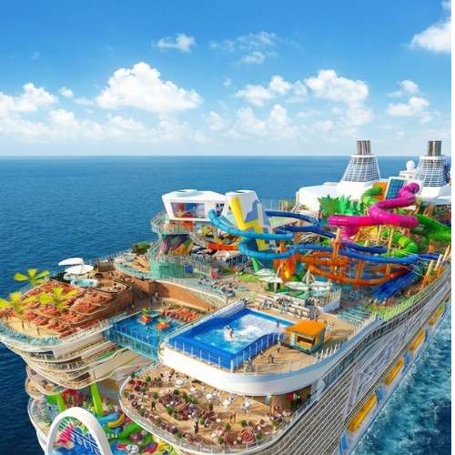 Aerial view of a large mainstream cruise ship deck with waterslides and pools
