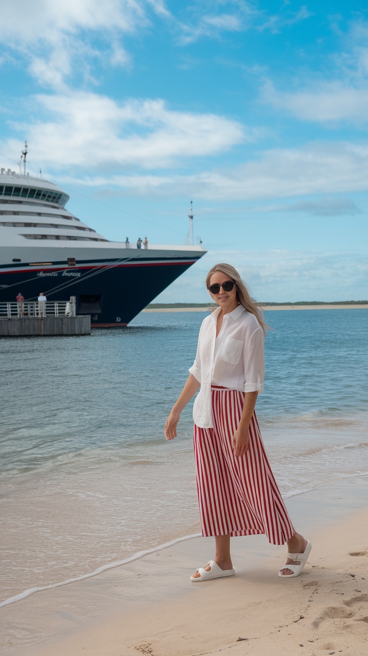 Woman in loose white shirt and red striped trousers on a beach with a cruise ship in the background