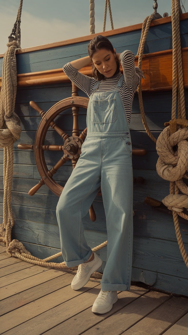 Woman wearing relaxed fit overalls and a striped top on a cruise ship