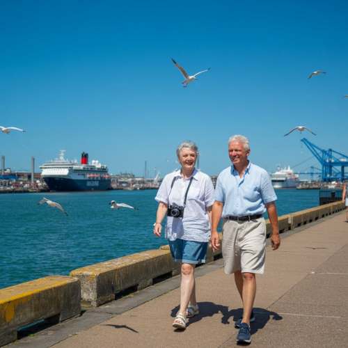 Couple walking along Southampton cruise port with cruise ships in the background