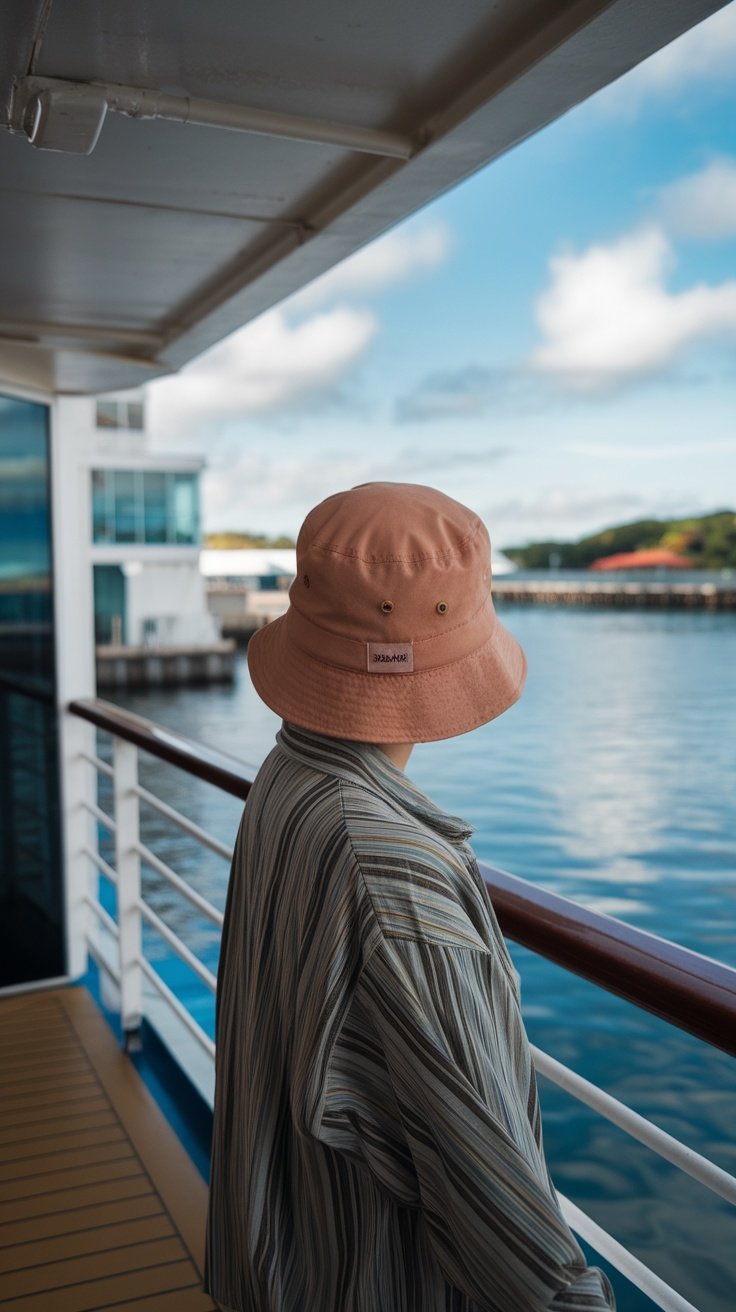 Person wearing a bucket hat and striped shirt on a cruise ship deck