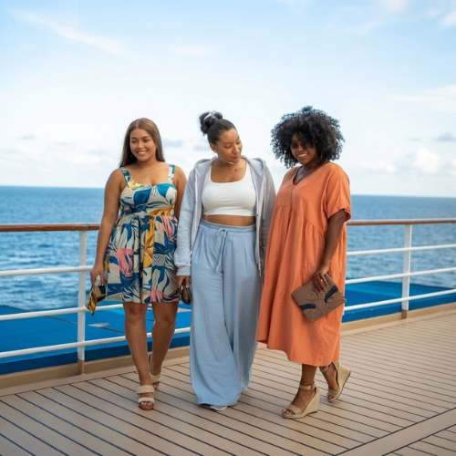 Three women in stylish cruise outfits on a ship's deck with ocean views